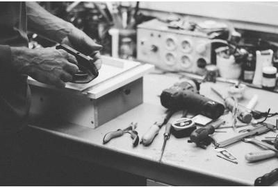 woodshop bench with tools