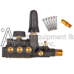 The 7110118 pump manifold with a thermal relief valve and installation hardware.
