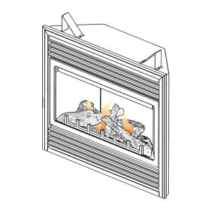 A diagram of the BGD33PR Napoleon fireplace, shown with a log set.