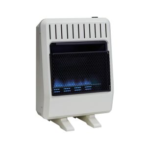 The FDT20BFA blue flame heater from Avenger, shown with floor mount stands.