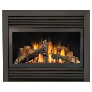The GD33NR Napoleon fireplace, shown with yellow flames and the decorative log set.