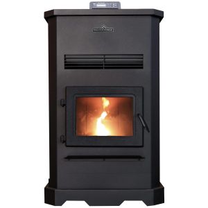 The Master Forge H140XL wood fire pellet stove, shown in operation.