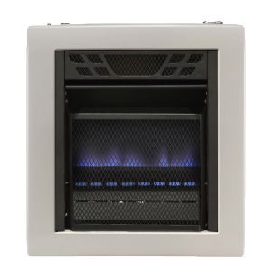 The Cedar Ridge MD10TBU heater with blue flames shown in operation.