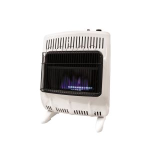 The MHVFDF20BFT blue flame heater, shown with the floor mounting feet attached.