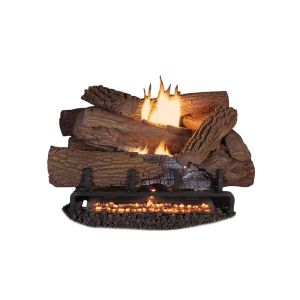 The Superior MNF30INE gas log heater shown in operation with a log set and the glowing embers accessory. 