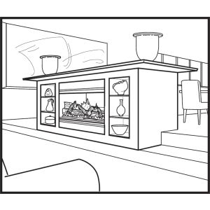 A diagram of the UVC36 fireplace, shown installed in a mantel with the decorative log set.