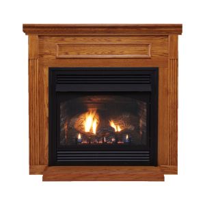 The Empire Vail VFP32BP30LP fireplace, shown here with a log set and brick liner interior.
