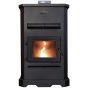 The Master Forge H140XL wood fire pellet stove, shown in operation.