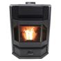 The H3W80XL pellet stove, with a fire lit behind the three-window front door.