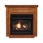 The Empire Vail VFP32BP30LP fireplace, shown here with a log set and brick liner interior.