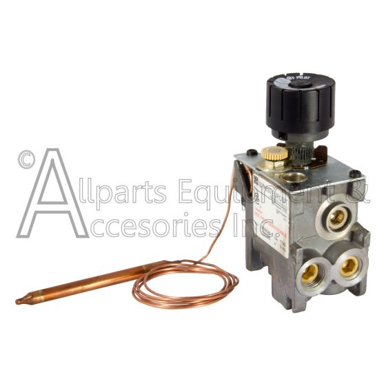 The SIT 630 Eurosit gas valve with no minimum rate screw. The pressure regulator adjustment is on the right side of the valve above the side inlet and outlet.