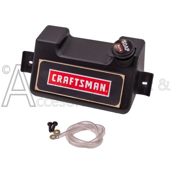 The 7117631 soap tank with mounting hardware for Craftsman pressure washers. The soap cap is located on the top right of the tank.