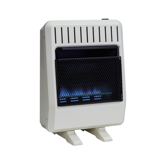 The FDT20BFA blue flame heater from Avenger, shown with floor mount stands.