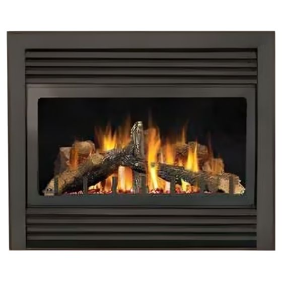 The GD33NR Napoleon fireplace, shown with yellow flames and the decorative log set.