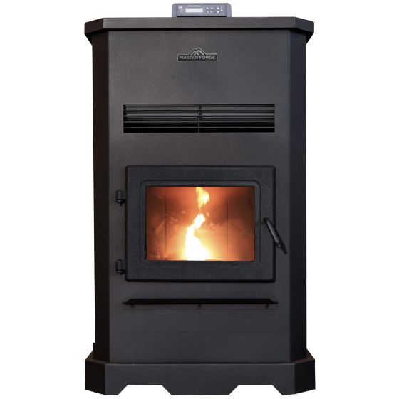 The Master Forge H140XL wood fire pellet stove, shown in operation.