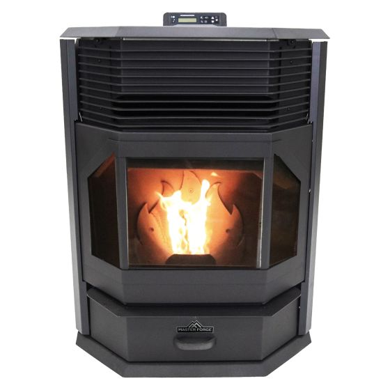 The H3W80XL pellet stove, with a fire lit behind the three-window front door.