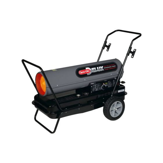 The KFA220DGD Dyna-Glo Delux torpedo heater, shown with a handle and two wheels.