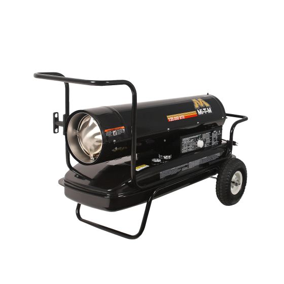 The MH-0135-0M10 torpedo heater with two pneumatic wheels and an installed handlebar.