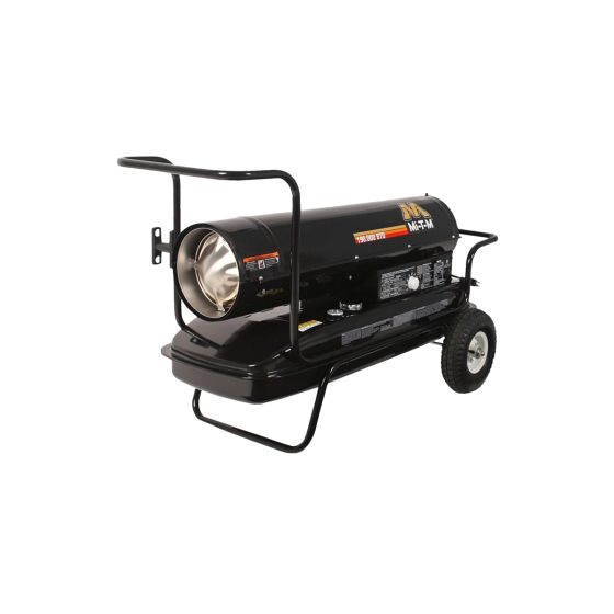 The MH-0190-0M10 portable torpedo heater, shown with its front and back handles, and a set of pneumatic wheels.