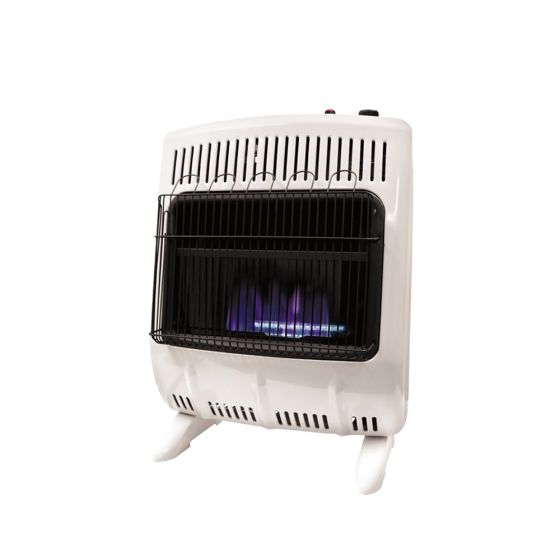 The MHVFDF20BFT blue flame heater, shown with the floor mounting feet attached.