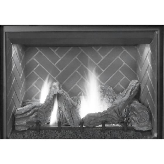 A Scorpio SCORPIO35DEP fireplace, shown with a decorative log set.