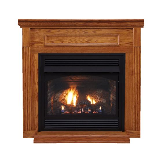 The Empire Vail VFP32BP30LP fireplace, shown here with a log set and brick liner interior.