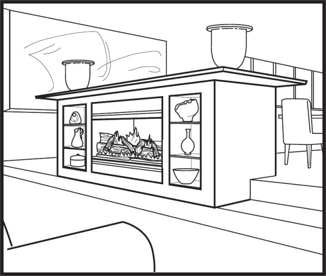 A diagram showing the UVC43 installed into a mantel with a decorative log set.
